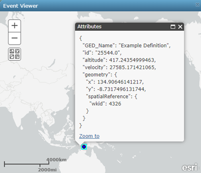 Event record attribute data viewed in a pop-up in the Event Viewer window